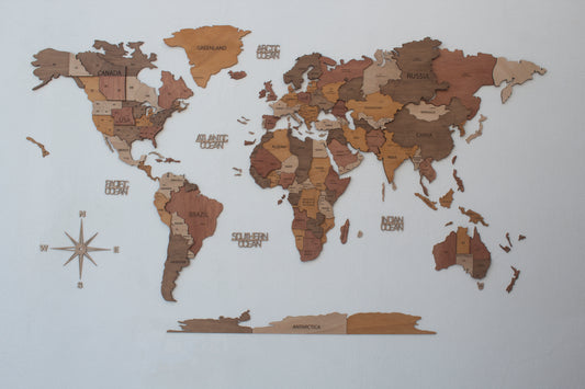 Mapa mundo de madeira multicolorido - Modelo 3D