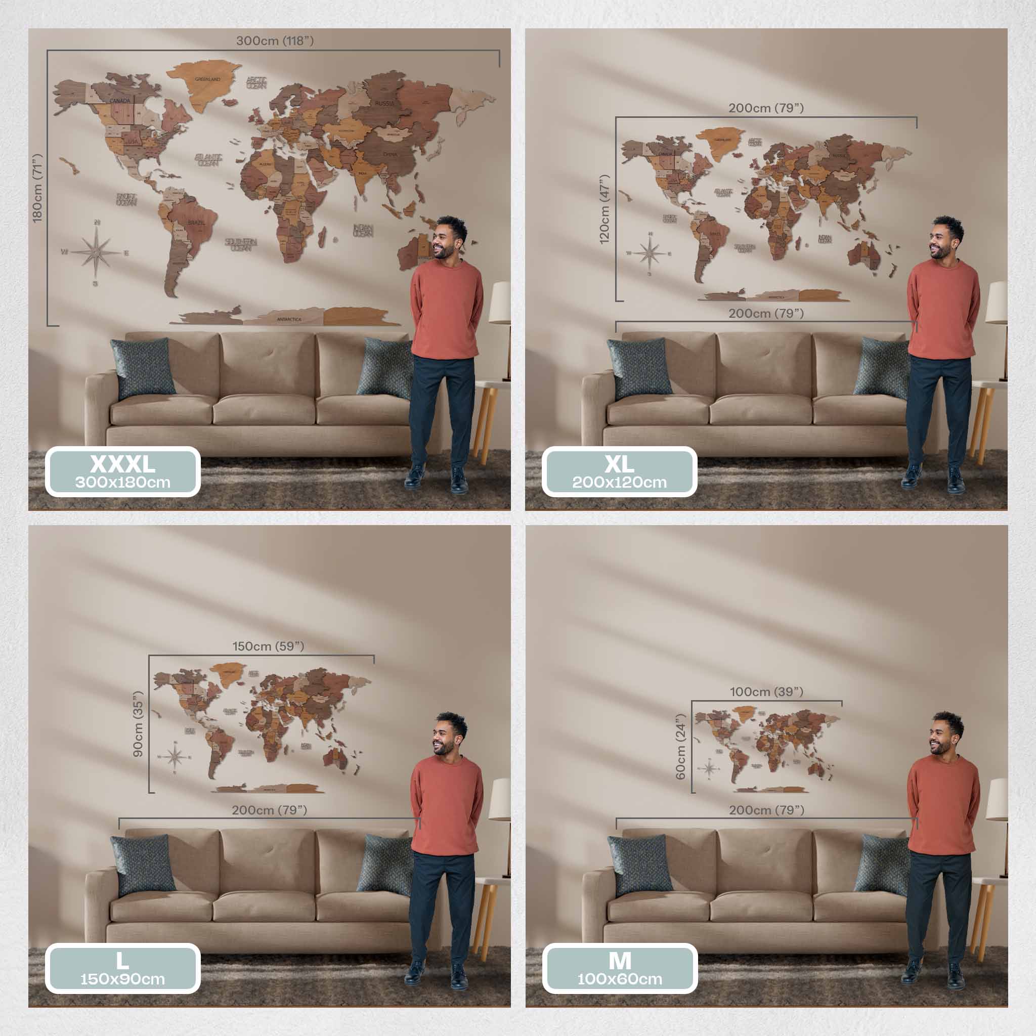 Mapa Mundo de Madeira 2D Natural