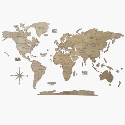Mapa Mundo de Madeira 2D Natural