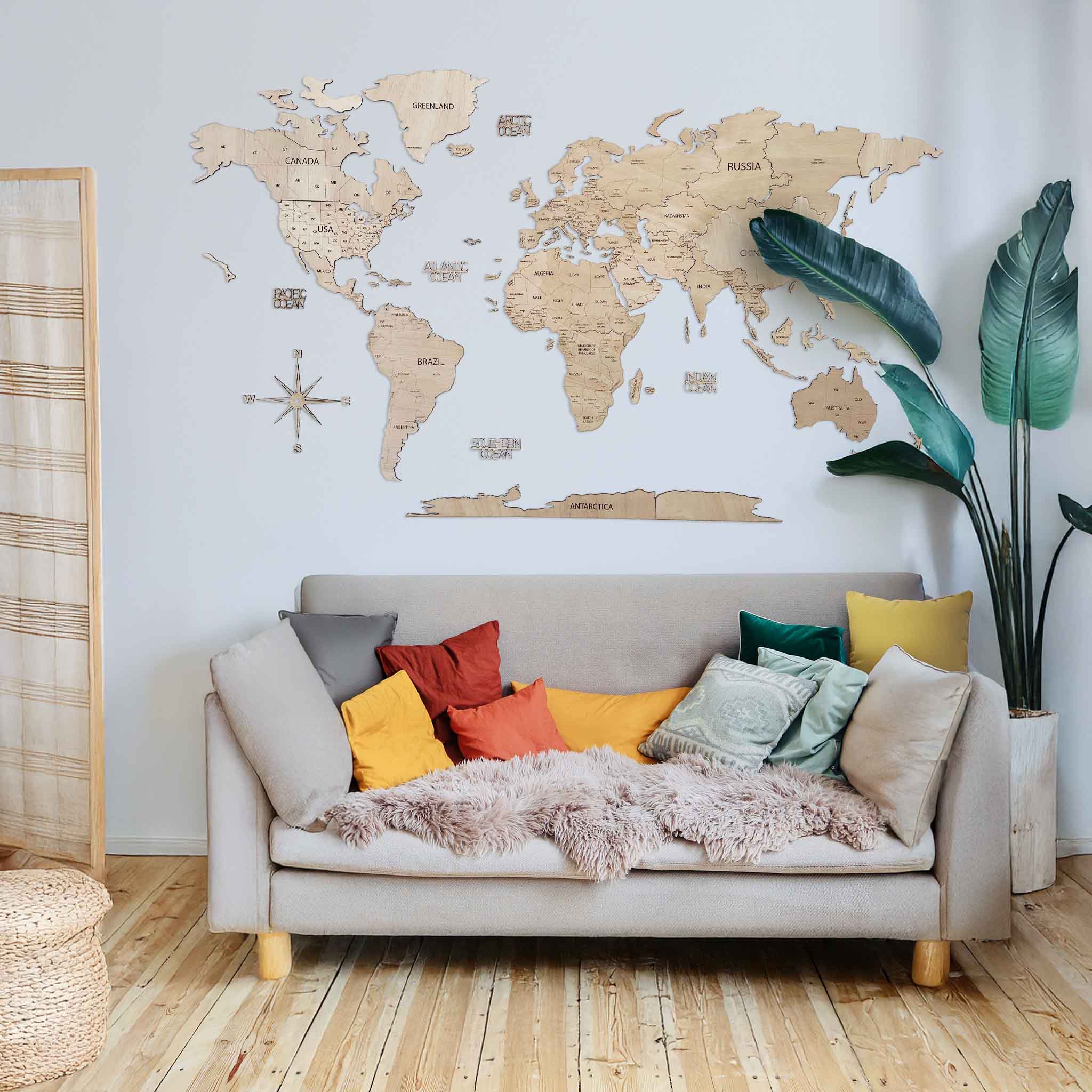 Mapa Mundo de Madeira 2D Natural